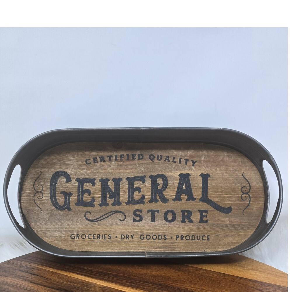 Trinket Fruit Holder Farm Kitchen Oval General Store Wood Tin Decorative Dish